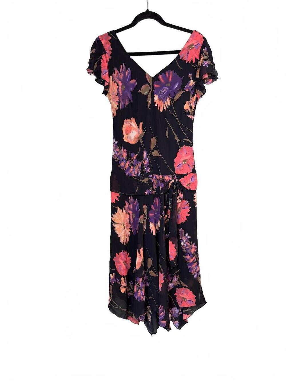 R&M Richards Vintage Y2K Black Floral Drop Waist Cap Sleeve Midi Dress Size 10